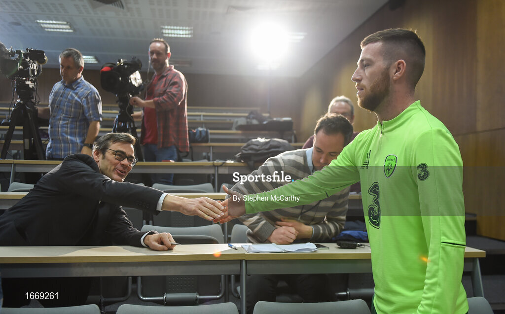 20 March 2019; Jack Byrne greets the media before a Republic of Ireland press conference at the FAI National Training Centre in Abbotstown, Dublin. Photo by Stephen McCarthy/Sportsfile
