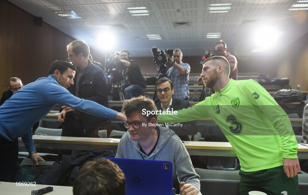 20 March 2019; Jack Byrne greets the media before a Republic of Ireland press conference at the FAI National Training Centre in Abbotstown, Dublin. Photo by Stephen McCarthy/Sportsfile