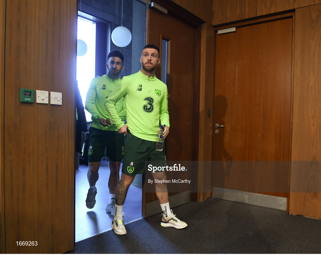 20 March 2019; Jack Byrne, right, and Sean Maguire arrive for a Republic of Ireland press conference at the FAI National Training Centre in Abbotstown, Dublin. Photo by Stephen McCarthy/Sportsfile