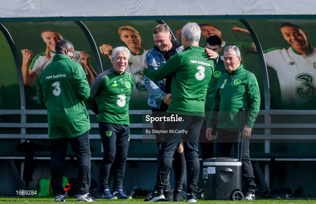 20 March 2019; Republic of Ireland manager Mick McCarthy and Aiden O'Brien, centre, with from left, assistant coach Terry Connor, equiment officer Mick Lawler and team doctor Dr Alan Byrne during a training session at the FAI National Training Centre in Abbotstown, Dublin. Photo by Stephen McCarthy/Sportsfile