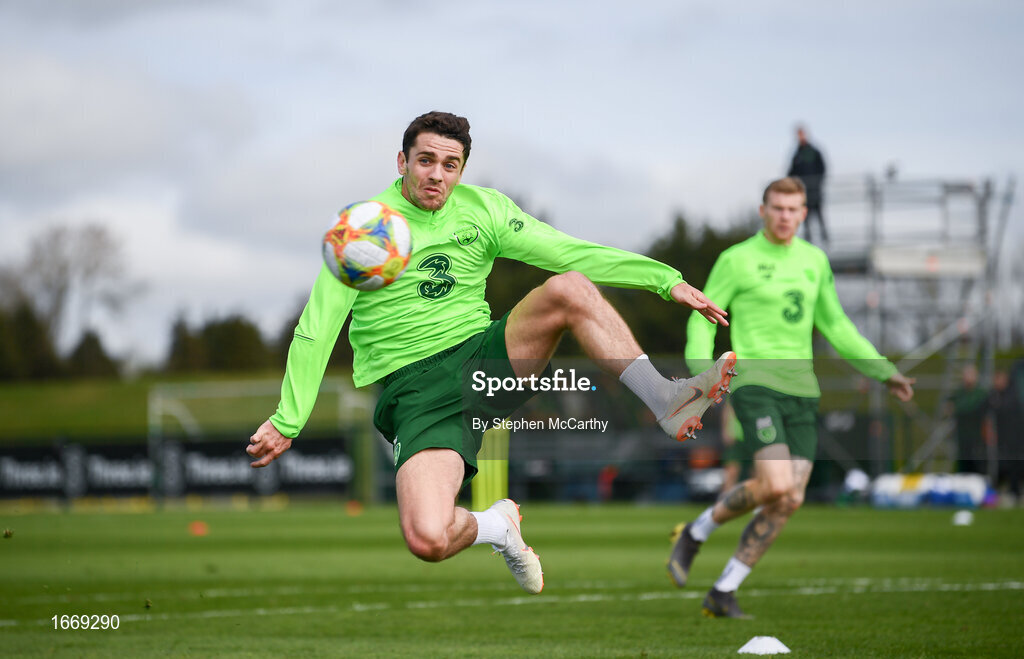 20 March 2019; Robbie Brady, left, and James McClean during a Republic of Ireland training session at the FAI National Training Centre in Abbotstown, Dublin. Photo by Stephen McCarthy/Sportsfile