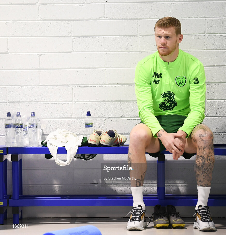 20 March 2019; James McClean relaxes prior to a Republic of Ireland training session at the FAI National Training Centre in Abbotstown, Dublin. Photo by Stephen McCarthy/Sportsfile