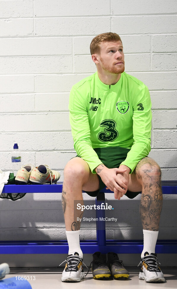 20 March 2019; James McClean relaxes prior to a Republic of Ireland training session at the FAI National Training Centre in Abbotstown, Dublin. Photo by Stephen McCarthy/Sportsfile