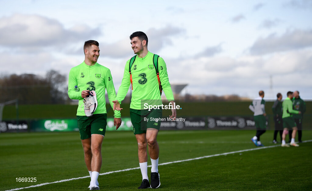 20 March 2019; James Collins, left, and John Egan during a Republic of Ireland training session at the FAI National Training Centre in Abbotstown, Dublin. Photo by Stephen McCarthy/Sportsfile