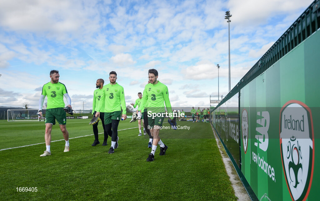 20 March 2019; Republic of Ireland players, from left, Richard Keogh, David McGoldrick, Matt Doherty and Harry Arter following a training session at the FAI National Training Centre in Abbotstown, Dublin. Photo by Stephen McCarthy/Sportsfile