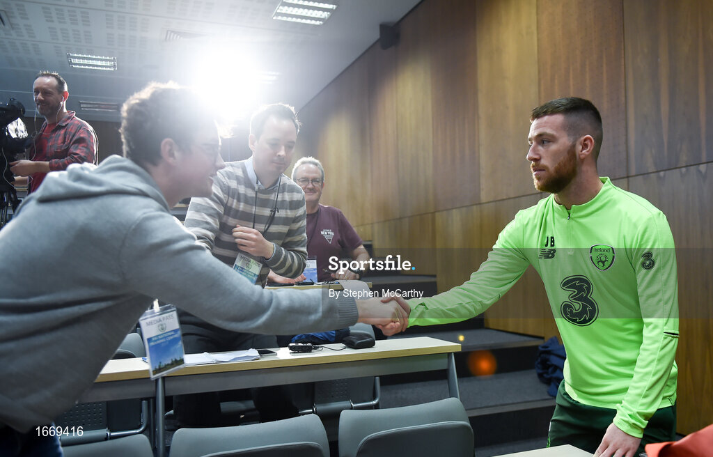 20 March 2019; Jack Byrne greets the media upon his arrival for a Republic of Ireland press conference at the FAI National Training Centre in Abbotstown, Dublin. Photo by Stephen McCarthy/Sportsfile