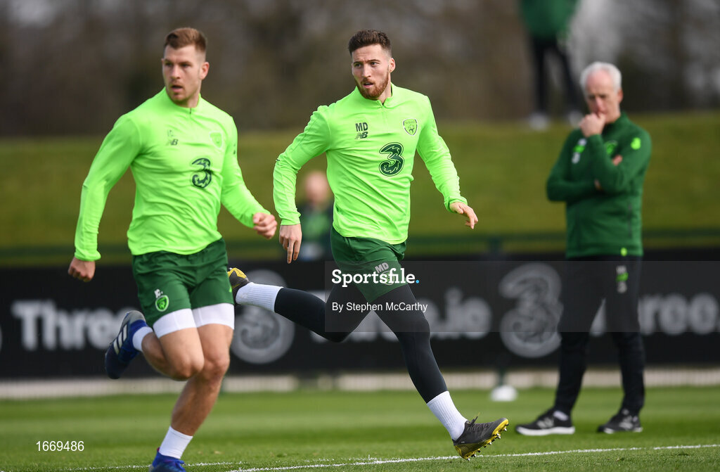 20 March 2019; Matt Doherty and James Collins, left, during a Republic of Ireland training session at the FAI National Training Centre in Abbotstown, Dublin. Photo by Stephen McCarthy/Sportsfile