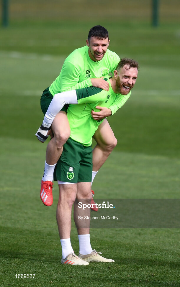 20 March 2019; Richard Keogh and Enda Stevens during a Republic of Ireland training session at the FAI National Training Centre in Abbotstown, Dublin. Photo by Stephen McCarthy/Sportsfile