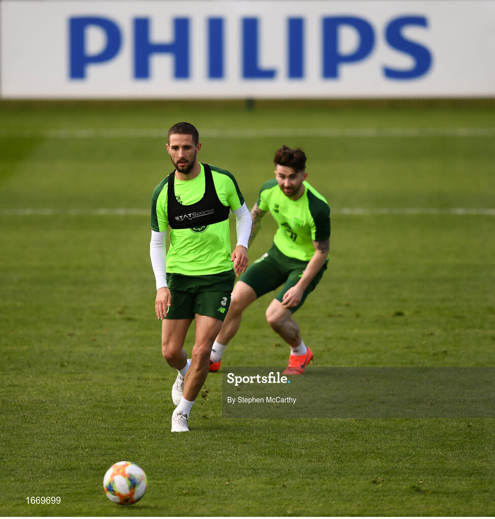 20 March 2019; Conor Hourihane and Sean Maguire during a Republic of Ireland training session at the FAI National Training Centre in Abbotstown, Dublin. Photo by Stephen McCarthy/Sportsfile