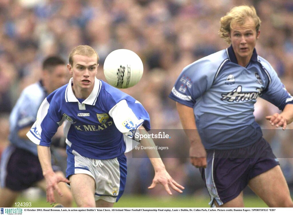 12 October 2003; Donal Brennan, Laois, in action against Dublin's' Kian Cleere. All-Ireland Minor Football Championship Final replay, Laois v Dublin, Dr. Cullen Park, Carlow. Picture credit; Damien Eagers / SPORTSFILE *EDI*