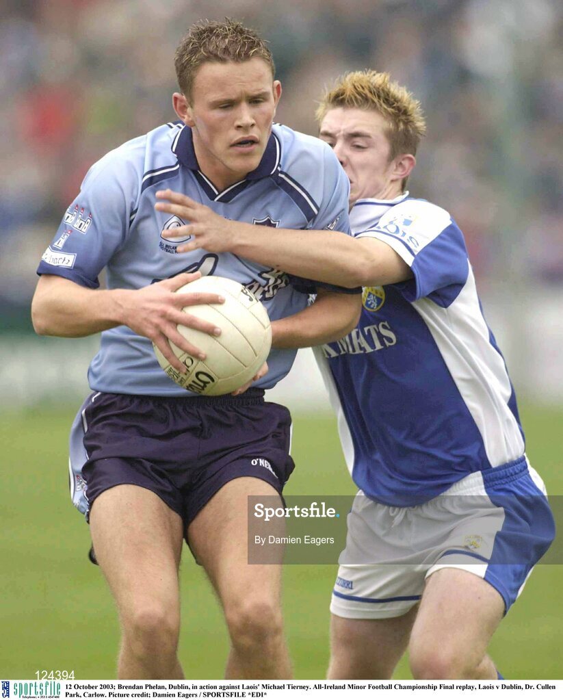 12 October 2003; Brendan Phelan, Dublin, in action against Laois' Michael Tierney. All-Ireland Minor Football Championship Final replay, Laois v Dublin, Dr. Cullen Park, Carlow. Picture credit; Damien Eagers / SPORTSFILE *EDI*