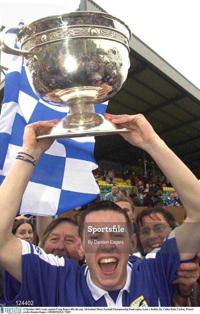12 October 2003; Laois captain Craig Rogers lifts the cup. All-Ireland Minor Football Championship Final replay, Laois v Dublin, Dr. Cullen Park, Carlow. Picture credit; Damien Eagers / SPORTSFILE *EDI*