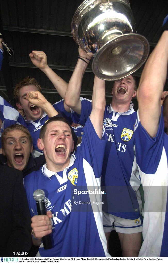 12 October 2003; Laois captain Craig Rogers lifts the cup. All-Ireland Minor Football Championship Final replay, Laois v Dublin, Dr. Cullen Park, Carlow. Picture credit; Damien Eagers / SPORTSFILE *EDI*