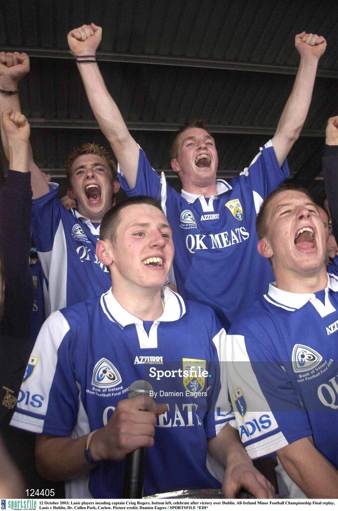 12 October 2003; Laois players incuding captain Criag Rogers, bottom left, celebrate after victory over Dublin. All-Ireland Minor Football Championship Final replay, Laois v Dublin, Dr. Cullen Park, Carlow. Picture credit; Damien Eagers / SPORTSFILE *EDI*