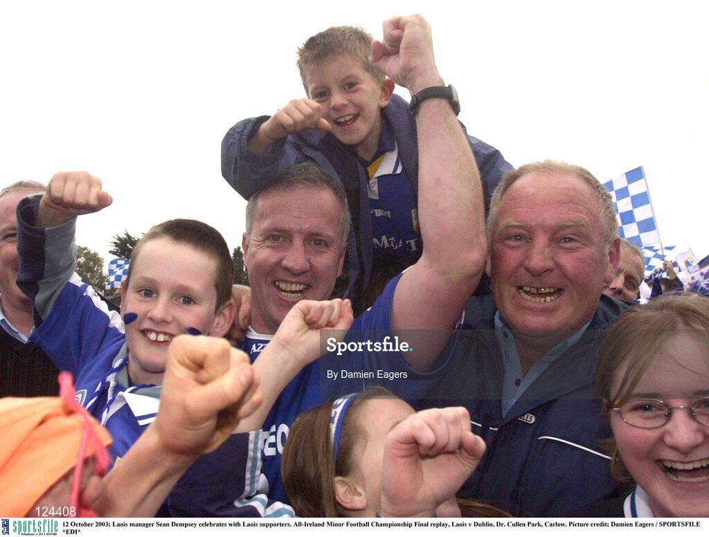 12 October 2003; Laois manager Sean Dempsey celebrates with Laois supporters. All-Ireland Minor Football Championship Final replay, Laois v Dublin, Dr. Cullen Park, Carlow. Picture credit; Damien Eagers / SPORTSFILE *EDI*
