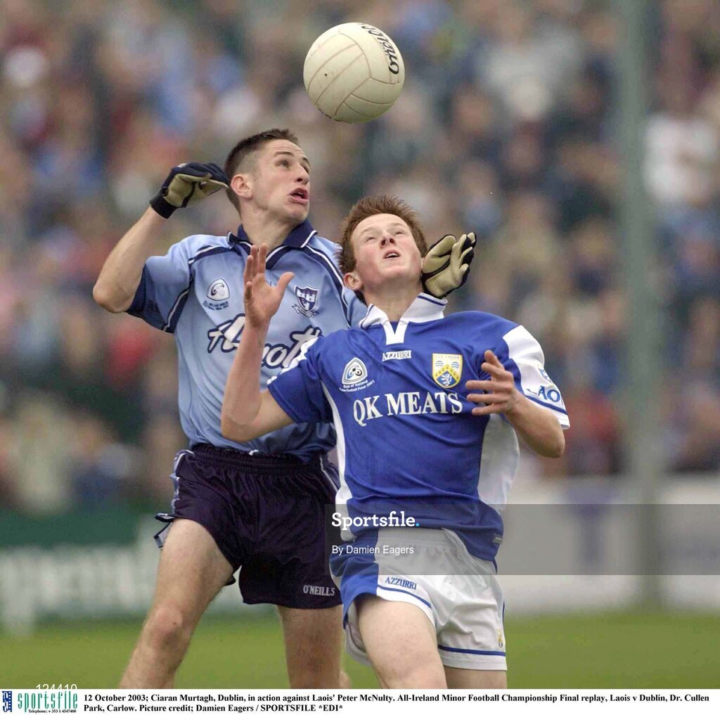 12 October 2003; Ciaran Murtagh, Dublin, in action against Laois' Peter McNulty. All-Ireland Minor Football Championship Final replay, Laois v Dublin, Dr. Cullen Park, Carlow. Picture credit; Damien Eagers / SPORTSFILE *EDI*