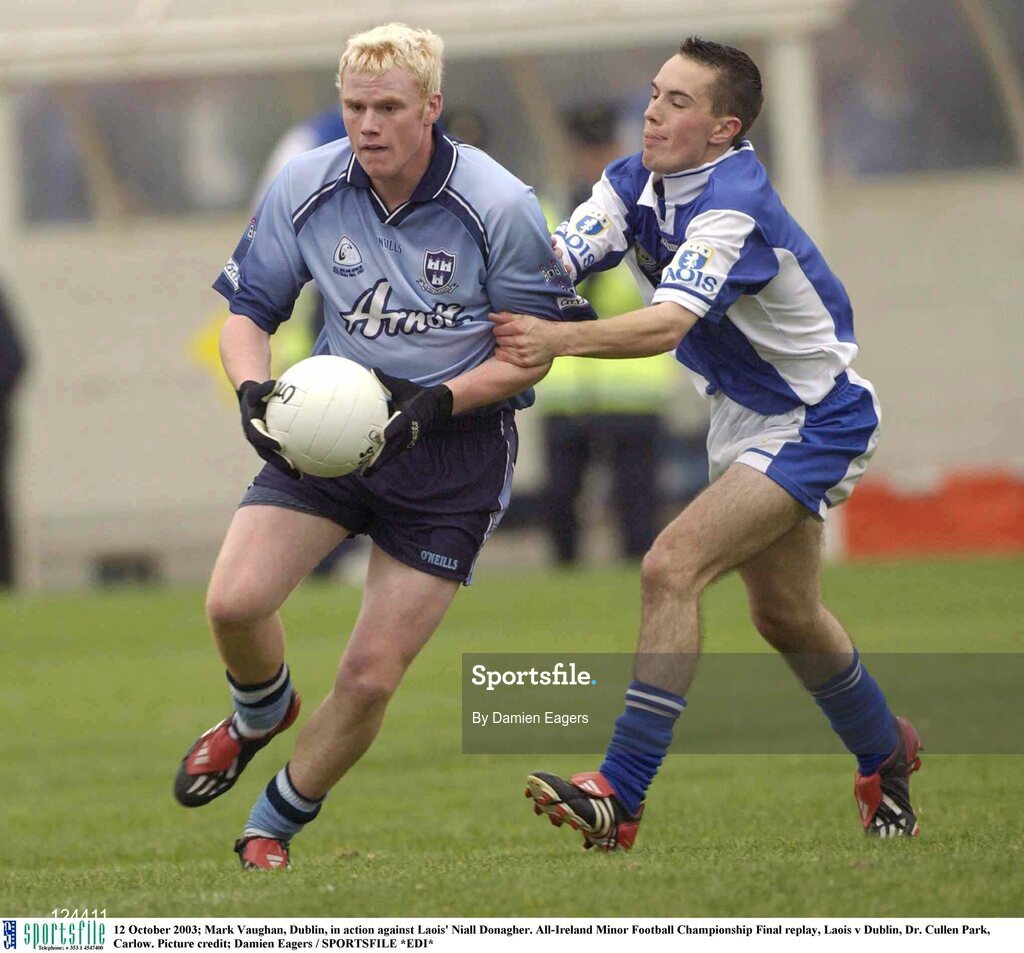 12 October 2003; Mark Vaughan, Dublin, in action against Laois' Niall Donagher. All-Ireland Minor Football Championship Final replay, Laois v Dublin, Dr. Cullen Park, Carlow. Picture credit; Damien Eagers / SPORTSFILE *EDI*