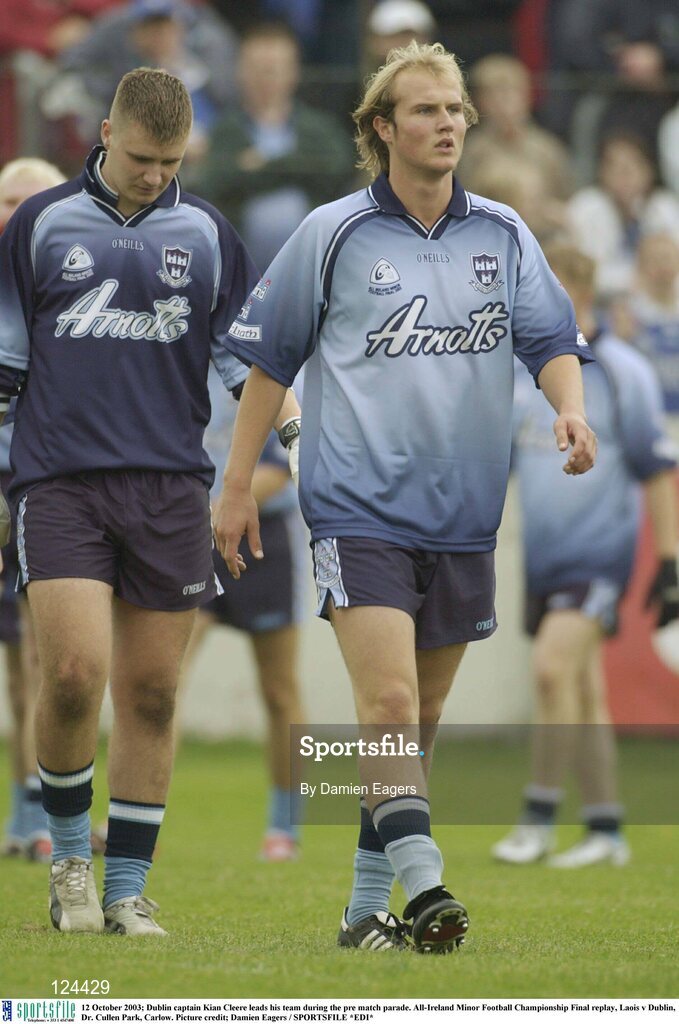 12 October 2003; Dublin captain Kian Cleere leads his team during the pre match parade. All-Ireland Minor Football Championship Final replay, Laois v Dublin, Dr. Cullen Park, Carlow. Picture credit; Damien Eagers / SPORTSFILE *EDI*