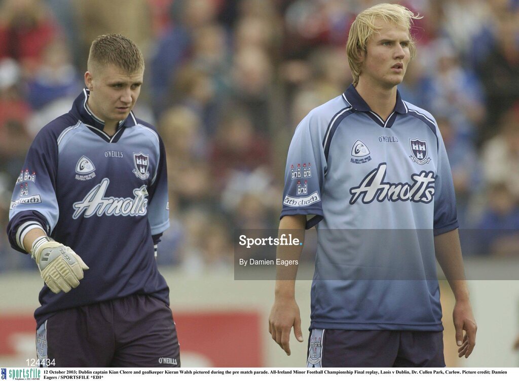 12 October 2003; Dublin captain Kian Cleere and goalkeeper Kieran Walsh pictured during the pre match parade. All-Ireland Minor Football Championship Final replay, Laois v Dublin, Dr. Cullen Park, Carlow. Picture credit; Damien Eagers / SPORTSFILE *EDI*