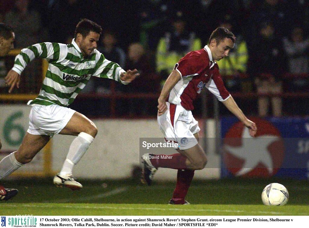 17 October 2003; Ollie Cahill, Shelbourne, in action against Shamrock Rover's Stephen Grant. eircom League Premier Division, Shelbourne v Shamrock Rovers, Tolka Park, Dublin. Soccer. Picture credit; David Maher / SPORTSFILE *EDI*