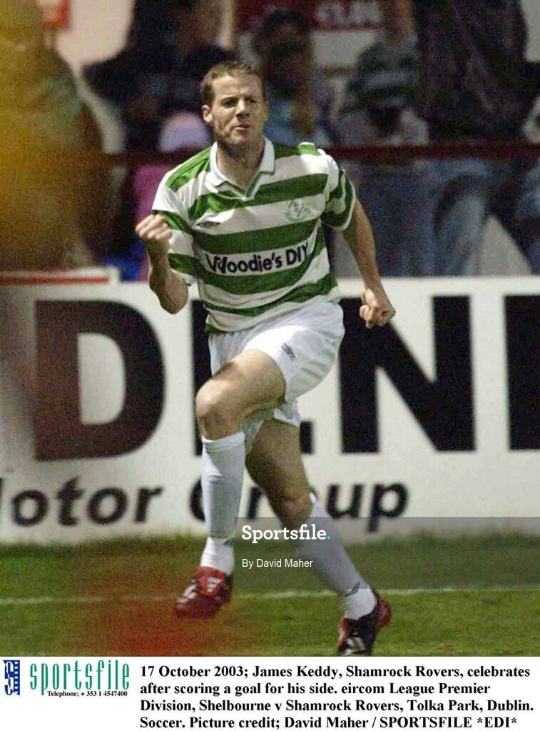 17 October 2003; James Keddy, Shamrock Rovers, celebrates after scoring a goal for his side. eircom League Premier Division, Shelbourne v Shamrock Rovers, Tolka Park, Dublin. Soccer. Picture credit; David Maher / SPORTSFILE *EDI*