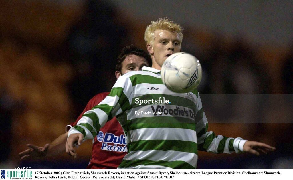 17 October 2003; Glen Fitzpatrick, Shamrock Rovers, in action against Stuart Byrne, Shelbourne. eircom League Premier Division, Shelbourne v Shamrock Rovers, Tolka Park, Dublin. Soccer. Picture credit; David Maher / SPORTSFILE *EDI*