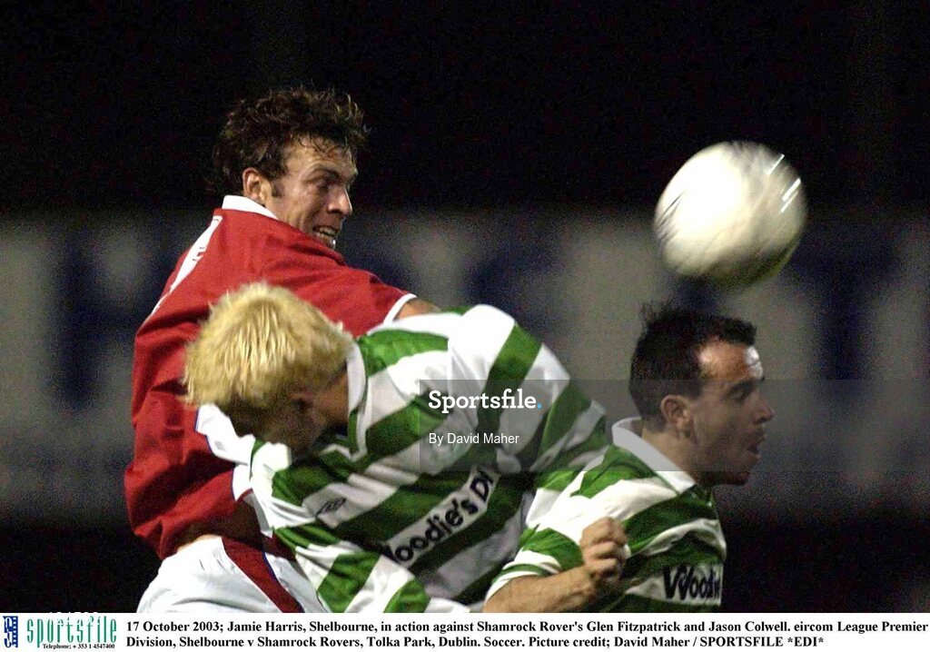 17 October 2003; Jamie Harris, Shelbourne, in action against Shamrock Rover's Glen Fitzpatrick and Jason Colwell. eircom League Premier Division, Shelbourne v Shamrock Rovers, Tolka Park, Dublin. Soccer. Picture credit; David Maher / SPORTSFILE *EDI*