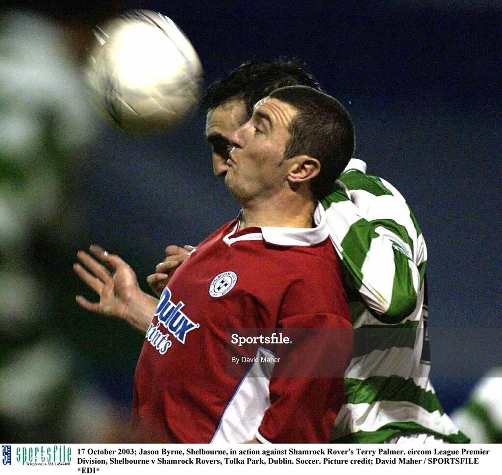 17 October 2003; Jason Byrne, Shelbourne, in action against Shamrock Rover's Terry Palmer. eircom League Premier Division, Shelbourne v Shamrock Rovers, Tolka Park, Dublin. Soccer. Picture credit; David Maher / SPORTSFILE *EDI*