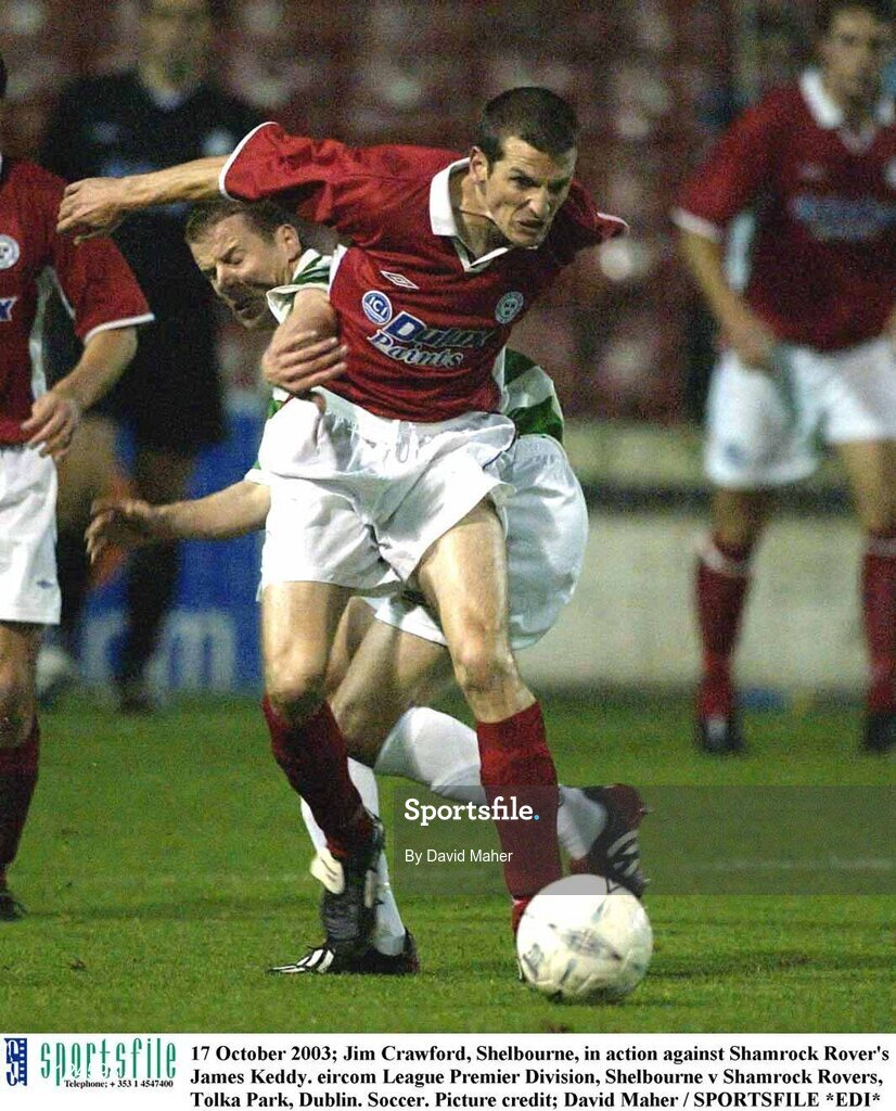 17 October 2003; Jim Crawford, Shelbourne, in action against Shamrock Rover's James Keddy. eircom League Premier Division, Shelbourne v Shamrock Rovers, Tolka Park, Dublin. Soccer. Picture credit; David Maher / SPORTSFILE *EDI*