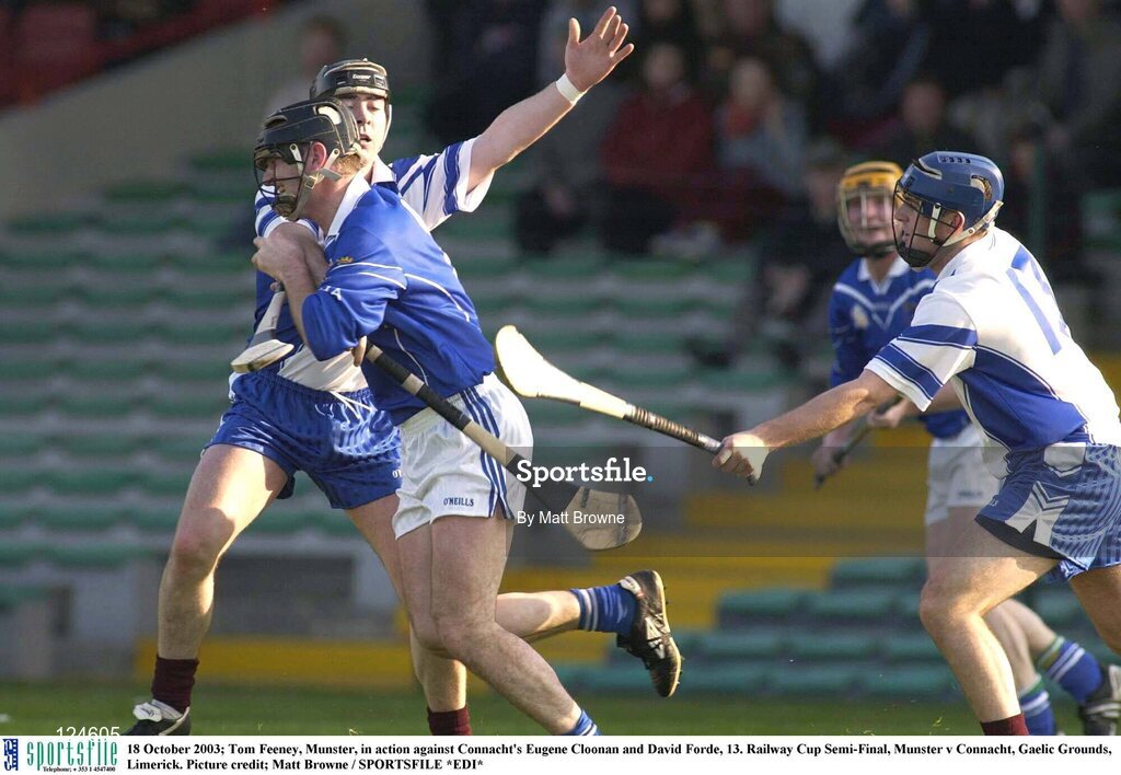 18 October 2003; Tom Feeney, Munster, in action against Connacht's Eugene Cloonan and David Forde, 13. Railway Cup Semi-Final, Munster v Connacht, Gaelic Grounds, Limerick. Picture credit; Matt Browne / SPORTSFILE *EDI*