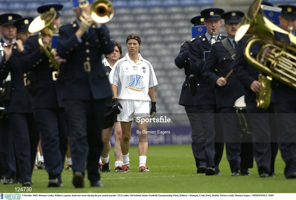 5 October 2003; Brianne Leahy, Kildare captain, leads her team during the pre match parade. TG4 Ladies All-Ireland Junior Football Championship Final, Kildare v Donegal, Croke Park, Dublin. Picture credit; Damien Eagers / SPORTSFILE *EDI*