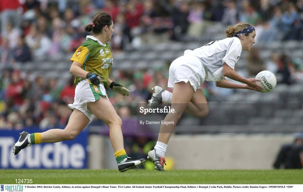 5 October 2003; Deirdre Gately, Kildare, in action against Donegal's Diane Toner. TG4 Ladies All-Ireland Junior Football Championship Final, Kildare v Donegal, Croke Park, Dublin. Picture credit; Damien Eagers / SPORTSFILE *EDI*