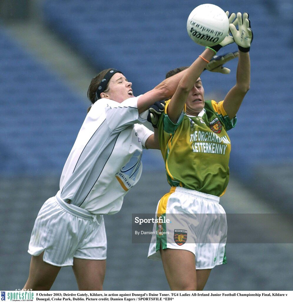 5 October 2003; Deirdre Gately, Kildare, in action against Donegal's Daine Toner. TG4 Ladies All-Ireland Junior Football Championship Final, Kildare v Donegal, Croke Park, Dublin. Picture credit; Damien Eagers / SPORTSFILE *EDI*