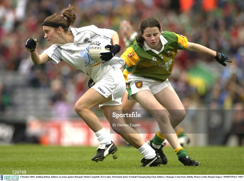 5 October 2003; Aishling Holton, Kildare, in action against Donegal's Sheila Campbell. TG4 Ladies All-Ireland Junior Football Championship Final, Kildare v Donegal, Croke Park, Dublin. Picture credit; Damien Eagers / SPORTSFILE *EDI*