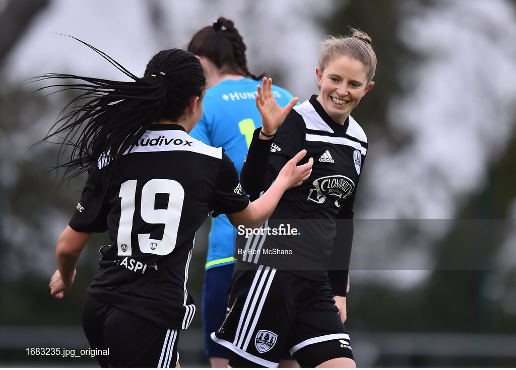 13 April 2019; Katie McCarthy of Cork City celebrates after scoring her side's first goal with team-mate Lauren Egbuloniu during the Só Hotels Women's National League match between DLR Waves and Cork City FC at Jackson Park in Kilternan, Dublin. Photo by Ben McShane/Sportsfile