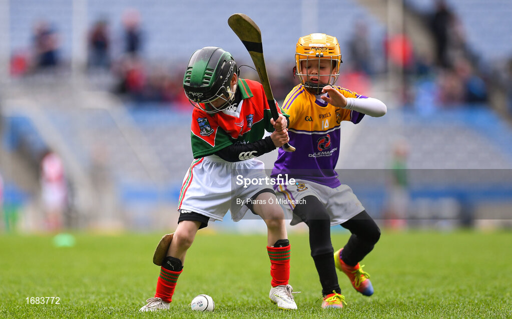 14 April 2019; Seán Gann of The Rower Inistioge, Co Kilkenny, left, in action against Alan Hendrick of Faythe Harriers, Co Wexford, during the Littlewoods Ireland Go Games Provincial Days in Croke Park. This year over 6,000 boys and girls aged between six and twelve represented their clubs in a series of mini blitzes and just like their heroes got to play in Croke Park. Photo by Piaras Ó Mídheach/Sportsfile