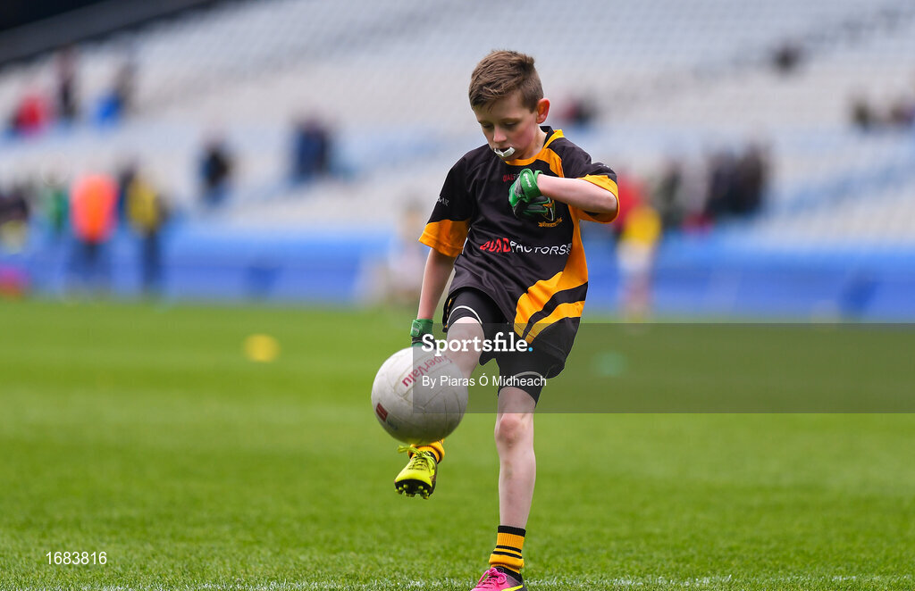 14 April 2019; Finn Higgins of Nobber, Co Meath, during the Littlewoods Ireland Go Games Provincial Days in Croke Park. This year over 6,000 boys and girls aged between six and twelve represented their clubs in a series of mini blitzes and just like their heroes got to play in Croke Park. Photo by Piaras Ó Mídheach/Sportsfile