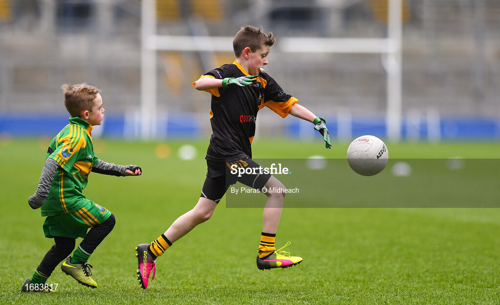 14 April 2019; Finn Higgins of Nobber, Co Meath, in action against Tubberclair, Co Westmeath, during the Littlewoods Ireland Go Games Provincial Days in Croke Park. This year over 6,000 boys and girls aged between six and twelve represented their clubs in a series of mini blitzes and just like their heroes got to play in Croke Park. Photo by Piaras Ó Mídheach/Sportsfile