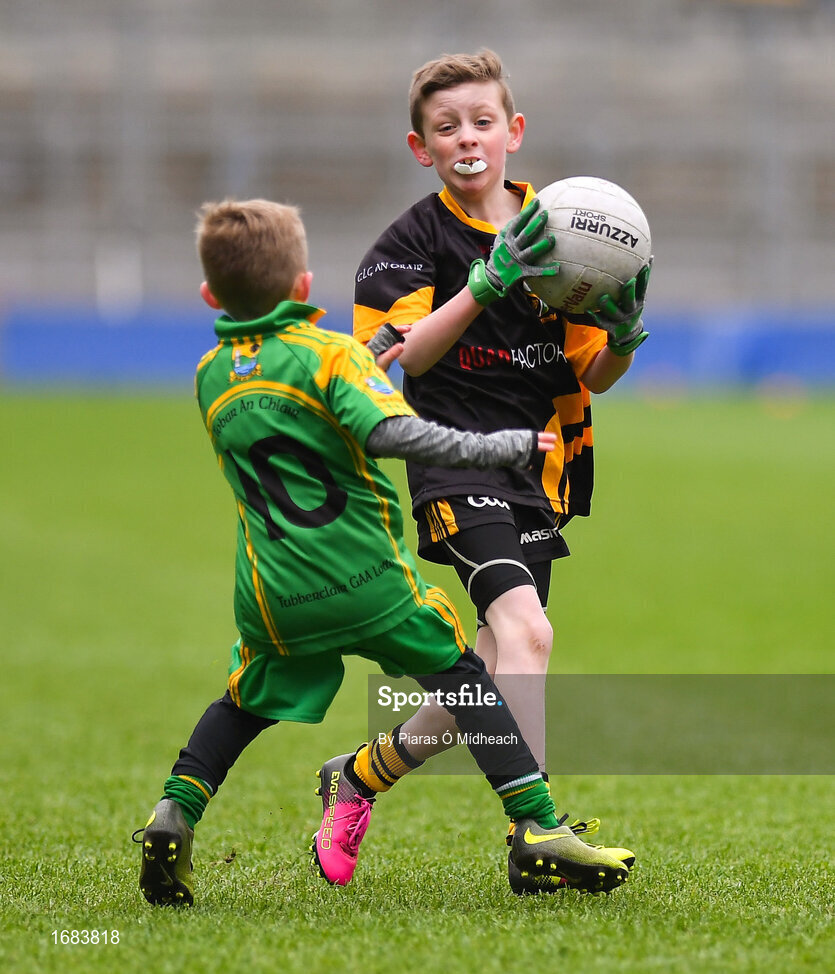 14 April 2019; Finn Higgins of Nobber, Co Meath, in action against Tubberclair, Co Westmeath, during the Littlewoods Ireland Go Games Provincial Days in Croke Park. This year over 6,000 boys and girls aged between six and twelve represented their clubs in a series of mini blitzes and just like their heroes got to play in Croke Park. Photo by Piaras Ó Mídheach/Sportsfile