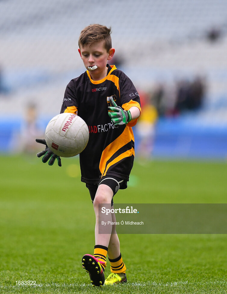 14 April 2019; Finn Higgins of Nobber, Co Meath, during the Littlewoods Ireland Go Games Provincial Days in Croke Park. This year over 6,000 boys and girls aged between six and twelve represented their clubs in a series of mini blitzes and just like their heroes got to play in Croke Park. Photo by Piaras Ó Mídheach/Sportsfile