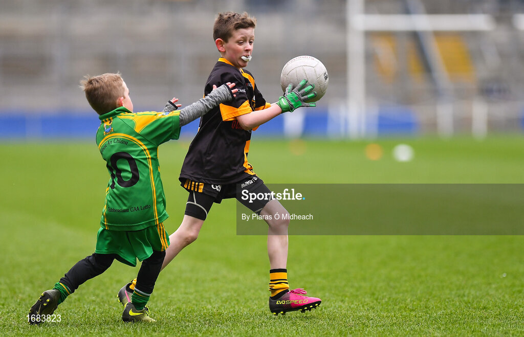 14 April 2019; Finn Higgins of Nobber, Co Meath, in action against Tubberclair, Co Westmeath, during the Littlewoods Ireland Go Games Provincial Days in Croke Park. This year over 6,000 boys and girls aged between six and twelve represented their clubs in a series of mini blitzes and just like their heroes got to play in Croke Park. Photo by Piaras Ó Mídheach/Sportsfile
