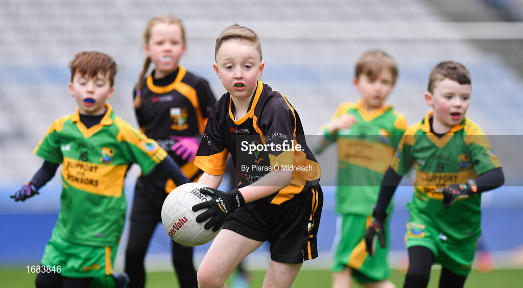 14 April 2019; Action between Nobber, Co Meath, and Tubberclair, Co Westmeath, during the Littlewoods Ireland Go Games Provincial Days in Croke Park. This year over 6,000 boys and girls aged between six and twelve represented their clubs in a series of mini blitzes and just like their heroes got to play in Croke Park. Photo by Piaras Ó Mídheach/Sportsfile