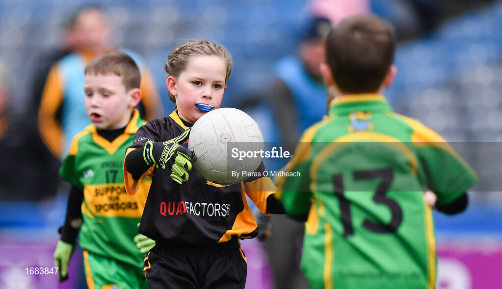 14 April 2019; Caithlan Monaghan of Nobber, Co Meath, in action against Tubberclair, Co Westmeath, during the Littlewoods Ireland Go Games Provincial Days in Croke Park. This year over 6,000 boys and girls aged between six and twelve represented their clubs in a series of mini blitzes and just like their heroes got to play in Croke Park. Photo by Piaras Ó Mídheach/Sportsfile