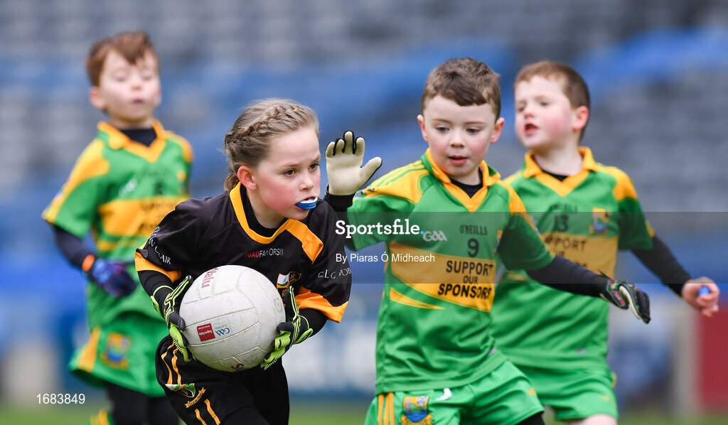 14 April 2019; Áine Murphy of Nobber, Co Meath, during the Littlewoods Ireland Go Games Provincial Days in Croke Park. This year over 6,000 boys and girls aged between six and twelve represented their clubs in a series of mini blitzes and just like their heroes got to play in Croke Park. Photo by Piaras Ó Mídheach/Sportsfile