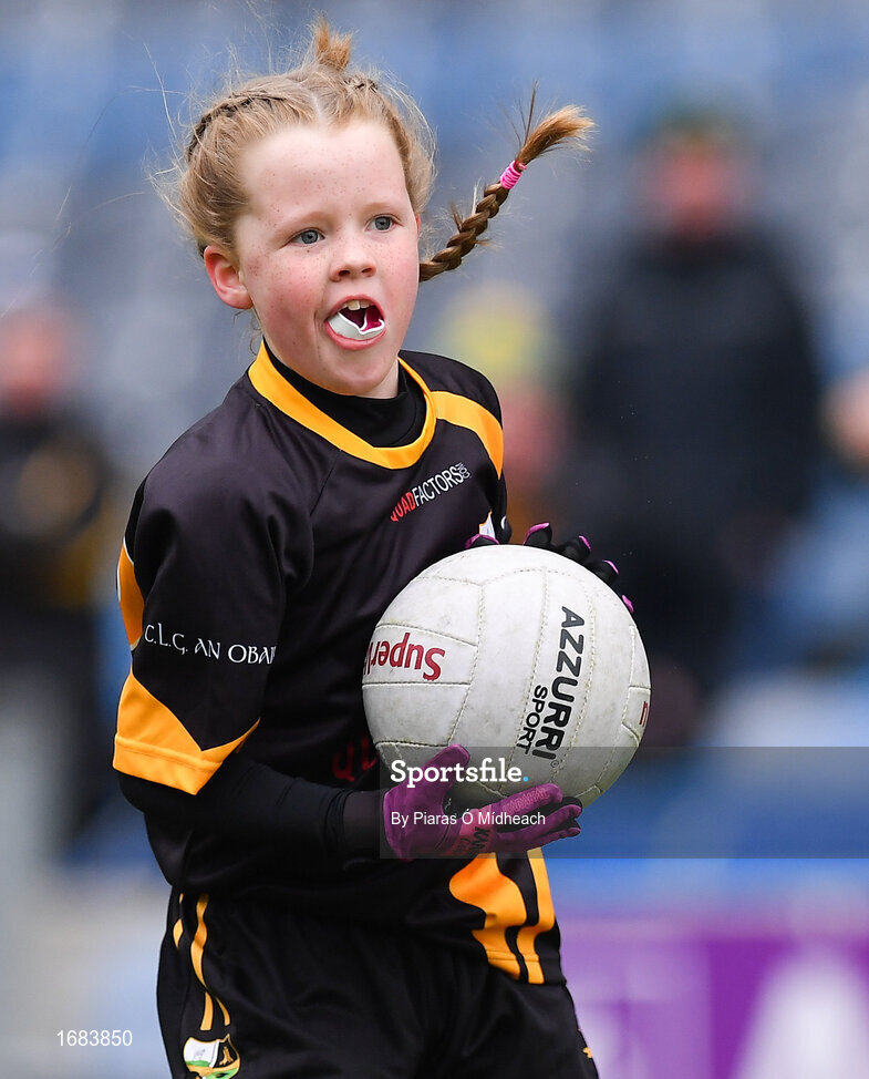 14 April 2019; Emma Condra of Nobber, Co Meath, during the Littlewoods Ireland Go Games Provincial Days in Croke Park. This year over 6,000 boys and girls aged between six and twelve represented their clubs in a series of mini blitzes and just like their heroes got to play in Croke Park. Photo by Piaras Ó Mídheach/Sportsfile