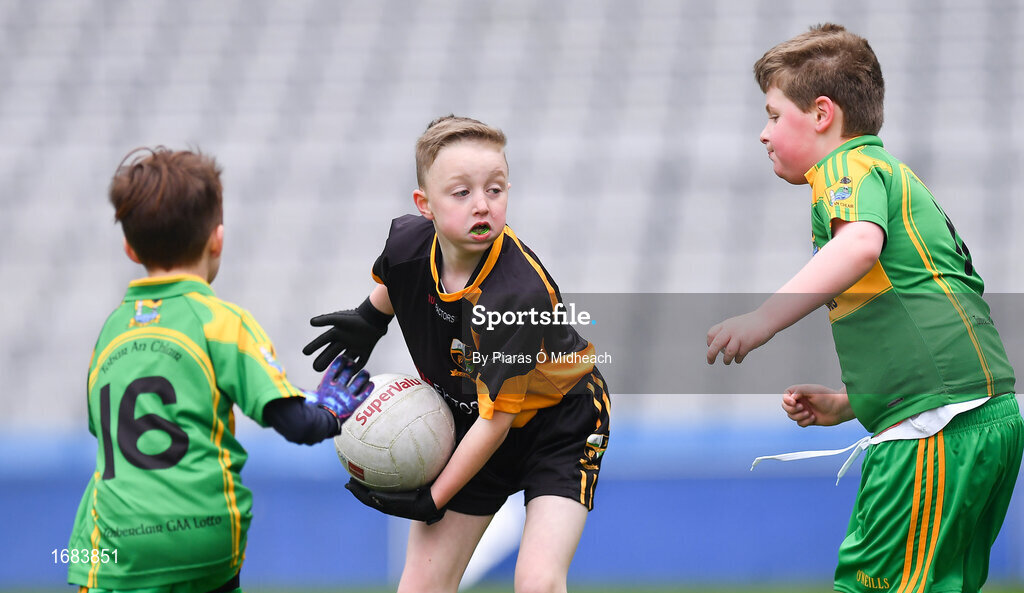 14 April 2019; Action between Nobber, Co Meath, and Tubberclair, Co Westmeath, during the Littlewoods Ireland Go Games Provincial Days in Croke Park. This year over 6,000 boys and girls aged between six and twelve represented their clubs in a series of mini blitzes and just like their heroes got to play in Croke Park. Photo by Piaras Ó Mídheach/Sportsfile