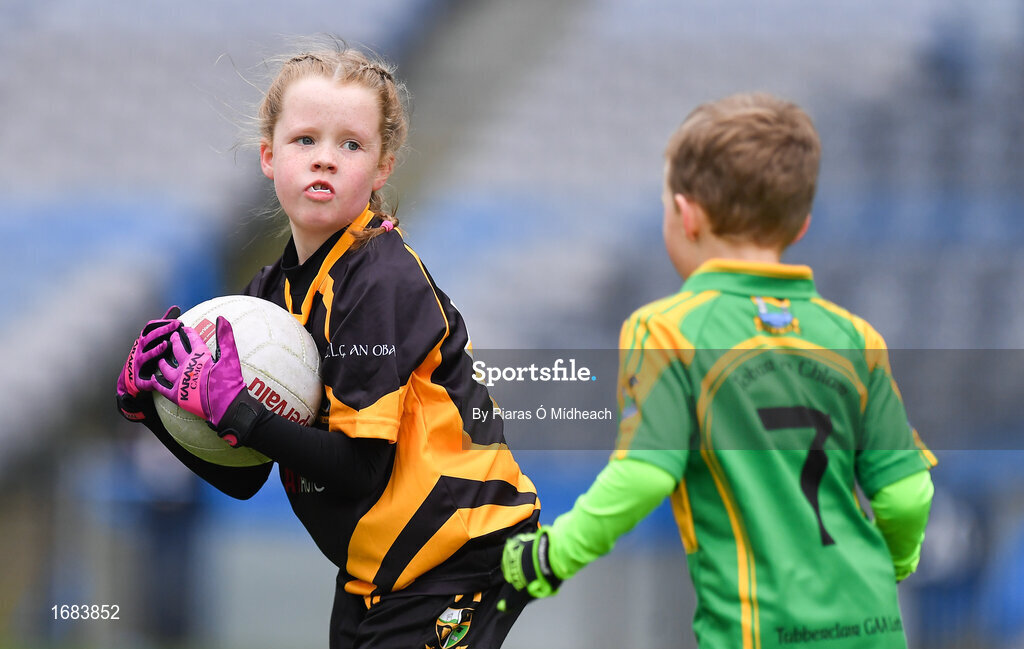 14 April 2019; Emma Condra of Nobber, Co Meath, in action against Tubberclair, Co Westmeath, during the Littlewoods Ireland Go Games Provincial Days in Croke Park. This year over 6,000 boys and girls aged between six and twelve represented their clubs in a series of mini blitzes and just like their heroes got to play in Croke Park. Photo by Piaras Ó Mídheach/Sportsfile