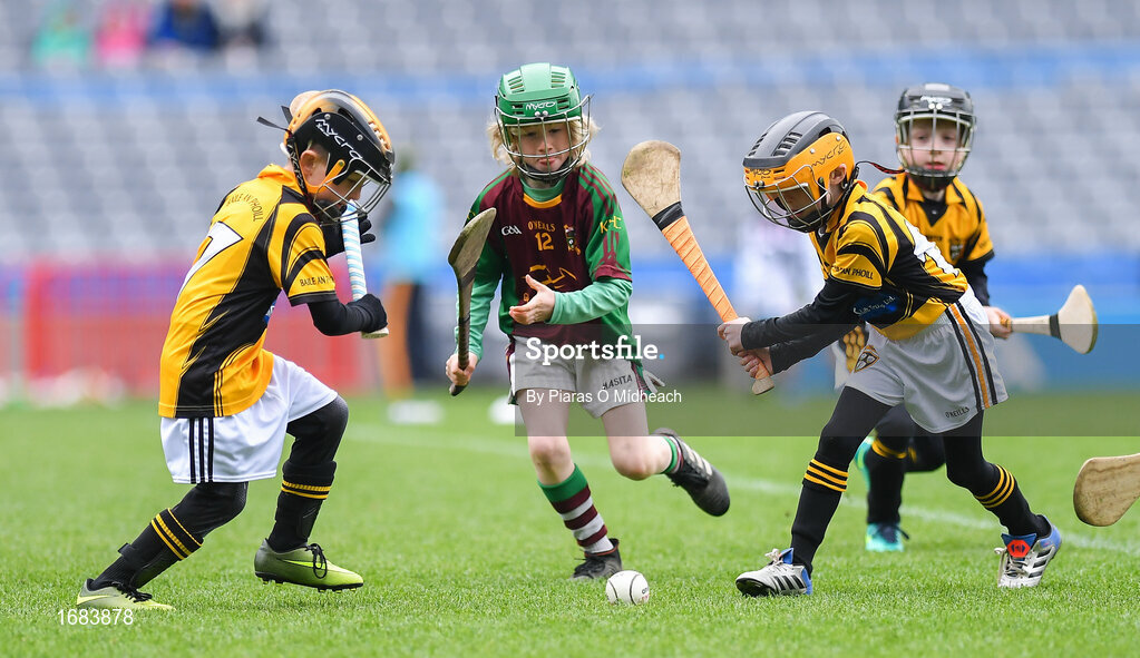 14 April 2019; Action from Kiltale, Co Meath, against Piltown, Co Kilkenny, during the Littlewoods Ireland Go Games Provincial Days in Croke Park. This year over 6,000 boys and girls aged between six and twelve represented their clubs in a series of mini blitzes and just like their heroes got to play in Croke Park. Photo by Piaras Ó Mídheach/Sportsfile