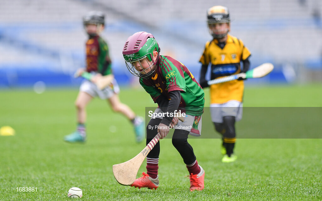14 April 2019; Darragh Conneally of Kiltale, Co Meath, in action against Piltown, Co Kilkenny, during the Littlewoods Ireland Go Games Provincial Days in Croke Park. This year over 6,000 boys and girls aged between six and twelve represented their clubs in a series of mini blitzes and just like their heroes got to play in Croke Park. Photo by Piaras Ó Mídheach/Sportsfile