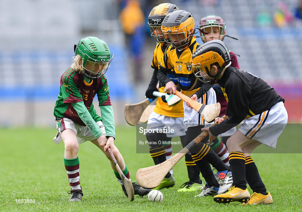 14 April 2019; Tom McVann of Kiltale, Co Meath, left, in action against Piltown, Co Kilkenny, during the Littlewoods Ireland Go Games Provincial Days in Croke Park. This year over 6,000 boys and girls aged between six and twelve represented their clubs in a series of mini blitzes and just like their heroes got to play in Croke Park. Photo by Piaras Ó Mídheach/Sportsfile